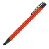 A sleek red ballpoint pen with a black trim and clip, featuring a branded logo.