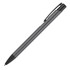 A metal ballpoint pen with a sleek grey body and black trim, featuring a clip and a logo.