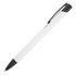A metal ballpoint pen with a white body and black trim, featuring a clip and a branding logo.