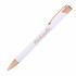 A ballpoint pen with a rose gold trim and a white barrel, featuring a logo.