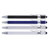 A set of four metal ballpoint pens in black, blue, silver, and white, each featuring a stylus tip and a logo.