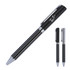 A ballpoint pen in black with silver accents and a branding logo. It features a sleek, elegant design.