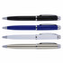 A selection of four metal ballpoint pens in black, blue, white, and silver, each with a silver clip and detailing.
