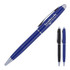 A blue and silver ballpoint pen with a sleek design and a logo. A black version is also shown alongside.