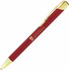 A ballpoint pen in matte red finish with gold trim and a logo on the barrel.