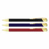 Three ballpoint pens with matte finishes in black, blue, and red, each featuring gold trim and a logo.