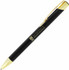 A ballpoint pen with a matte black finish and gold trim, featuring a logo.
