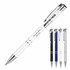A metal ballpoint pen in white with blue, black, and silver options, featuring a logo on the side.