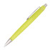 A ballpoint pen in vibrant lime green with a silver clip and tip, featuring a smooth, rounded design.