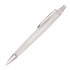 A ballpoint pen in a sleek silver and transparent design with a clip. It features a smooth finish and a rounded top.
