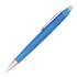 A ballpoint pen in a vibrant blue colour with a silver clip and tip, featuring a sleek design and logo.