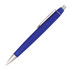 A blue ballpoint pen with a silver clip and tip, featuring a smooth finish and sleek design.