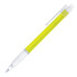 A yellow ballpoint pen with a transparent clip and grip, featuring a logo on the side.