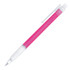 A ballpoint pen in vibrant pink with a clear grip and clip, featuring a branding logo.