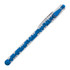 A plastic ballpoint pen with a transparent body and blue accents, featuring a clip and a logo.