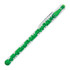 A green ballpoint pen with a clear barrel and matching end caps, featuring a logo.
