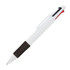 A ballpoint pen in white with a black grip and red and blue accents, featuring a clip and a logo.