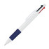A ballpoint pen in white with a blue grip and red and green accents, featuring a clip and a logo.