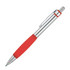 A metal ballpoint pen with a silver barrel and a red rubber grip, featuring a clip and branding.