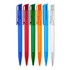 A set of six transparent ballpoint pens in blue, red, green, orange, and white, featuring clip designs.
