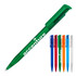 A green ballpoint pen with a clip, featuring a logo, alongside pens in red, blue, orange, and clear.