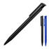 A black matte ballpoint pen with a sleek design, accompanied by a blue version. Both feature a logo.