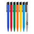 A set of six ballpoint pens in blue, red, green, yellow, orange, and a silver pen with a logo.
