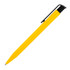 A bright yellow ballpoint pen with a black clip and grip. The pen has a sleek design and features a logo.