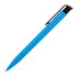 A blue ballpoint pen with a black clip and a textured grip, featuring a branding logo.