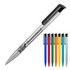 A ballpoint pen with a silver barrel, glossy black clip, and available in various vibrant colours. It has a logo.