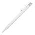 A ballpoint pen in white, featuring a sleek glossy finish and a clip design. It has a logo on the barrel.