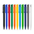 A selection of ballpoint pens in gloss colours: black, blue, red, orange, yellow, green, and grey, with a white pen at the end.