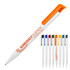 A ballpoint pen with a gloss white barrel and an orange clip, accompanied by various coloured pens.