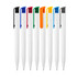 A set of plastic ballpoint pens in gloss white with various coloured caps, including black, blue, green, orange, and red.