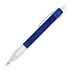 A blue ballpoint pen with a clear plastic tip and a transparent clip. The pen features a sleek design and a logo.