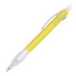 A yellow ballpoint pen with a clear plastic grip and a transparent clip, featuring a logo on the barrel.