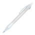 A plastic ballpoint pen in white with a clear cap and details, featuring a logo.