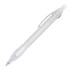 A plastic ballpoint pen in white with a clear clip and tip, featuring a simple design and branding logo.