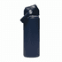 A drink bottle in navy blue, featuring a carry handle and a silver accent, with a logo on the side.