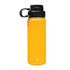 A drink bottle with a vibrant yellow body and a black infuser lid, featuring a logo on the front.