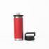 A drink bottle in red with a solid black handle and a stainless steel base. It features a screw-top lid and branding.