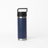 A drink bottle with a solid handle, featuring a navy blue body and a silver base. It has a black lid and logo.