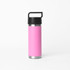 A drink bottle with a solid black handle and a bright pink body, featuring a stainless steel base and a logo.