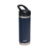 A drink bottle in navy blue with a stainless steel base and a black sipper handle. It features a logo.