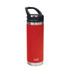 A drink bottle featuring a red exterior with a stainless steel base and a sipper handle. It has a logo.