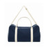 A navy blue canvas duffle bag with cream-coloured handles and strap, featuring a logo.