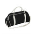 A black and cream two-tone canvas duffle bag with handles and a shoulder strap, featuring a logo.