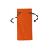 An orange toiletry pouch with a drawstring closure and black cords. It features a logo on one side.