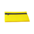 A yellow neoprene pencil case with a black zipper, featuring a logo on one side.