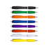 A collection of plastic pens in black, green, orange, blue, purple, clear, and yellow with silver accents.